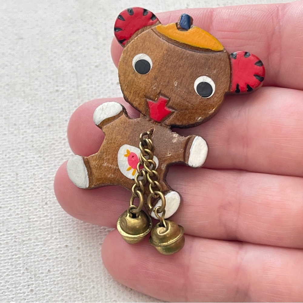 Vintage Hand Carved Wood Hand Painted Teddy Bear Bell Charm Brooch Pin 40s